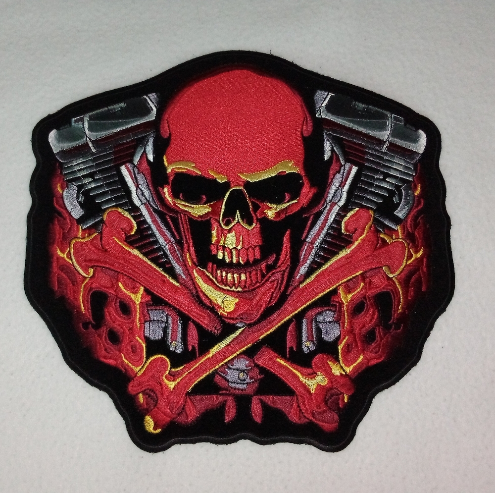 Red Skull Cross Bones V Engine Biker Motorcycle Patch Large New 9 3/4" Long 9...